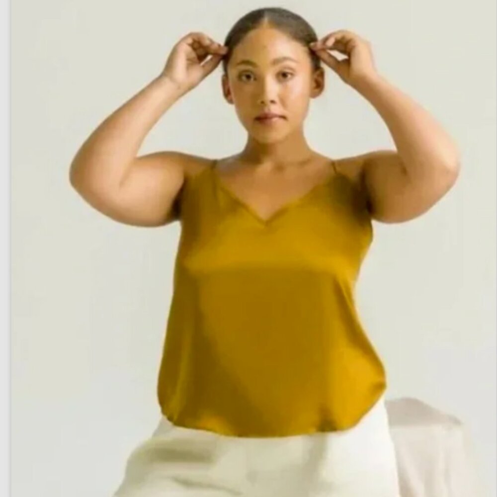 Ettitude Womens Sateen Cami Bamboo Gold Pullover V neck Adjustable Strap L New